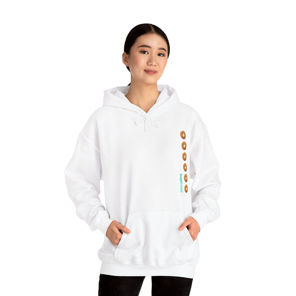 A women wearing a White hoodie with a stripe made of bagels on the right