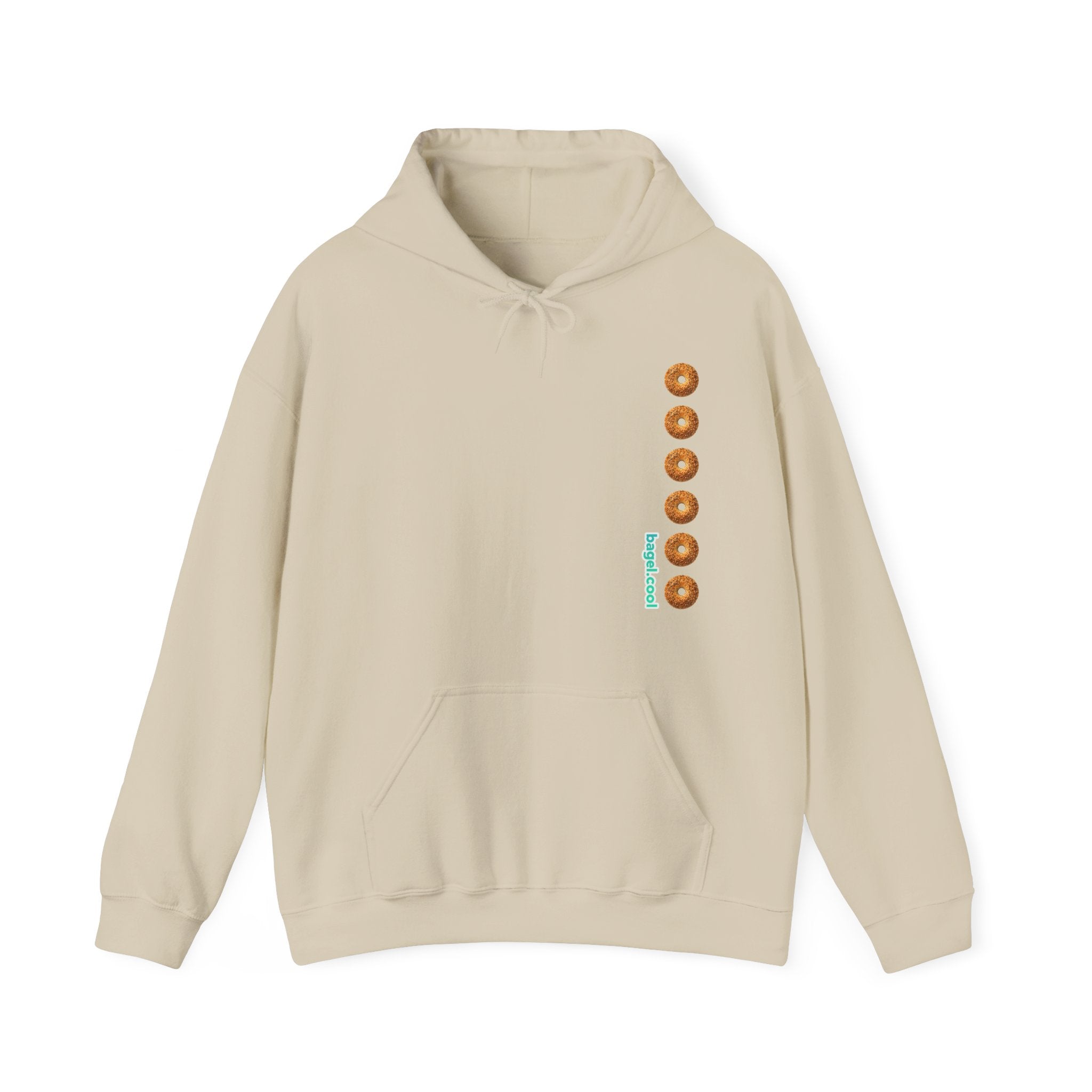 A Sand hoodie with a stripe made of bagels on the right