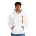 A man wearing a White hoodie with a stripe made of bagels on the right