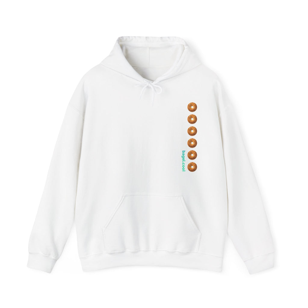 A White hoodie with a stripe made of bagels on the right
